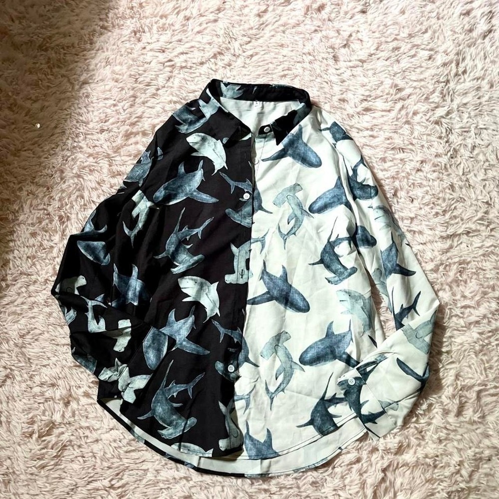 Shark Ocean Aquarium Teacher Split Design Button Down Top Mens L Eclectic Unique